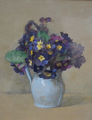 E. Mary Burgess (1787-1961), watercolour, Still life of pansies in a jug, partial James Bourlet & Sons label verso, together with Annie L. Pressland, Still life of flowers in a vase, signed, E. Stacy-Marks label verso, l